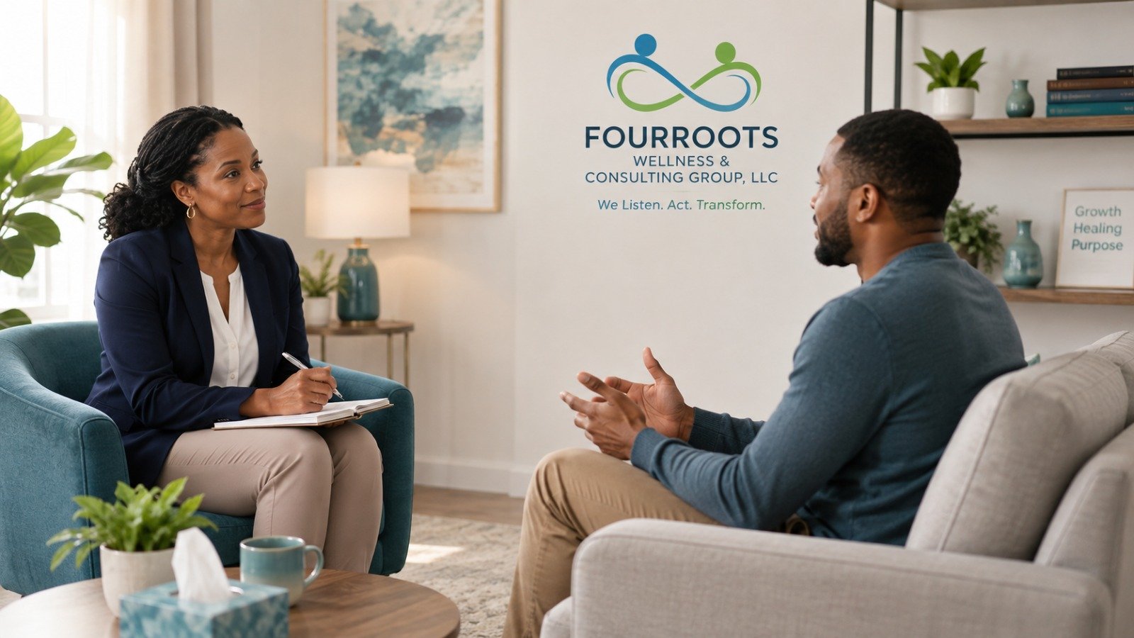 A counselor and client in an open, supportive conversation during a therapy session