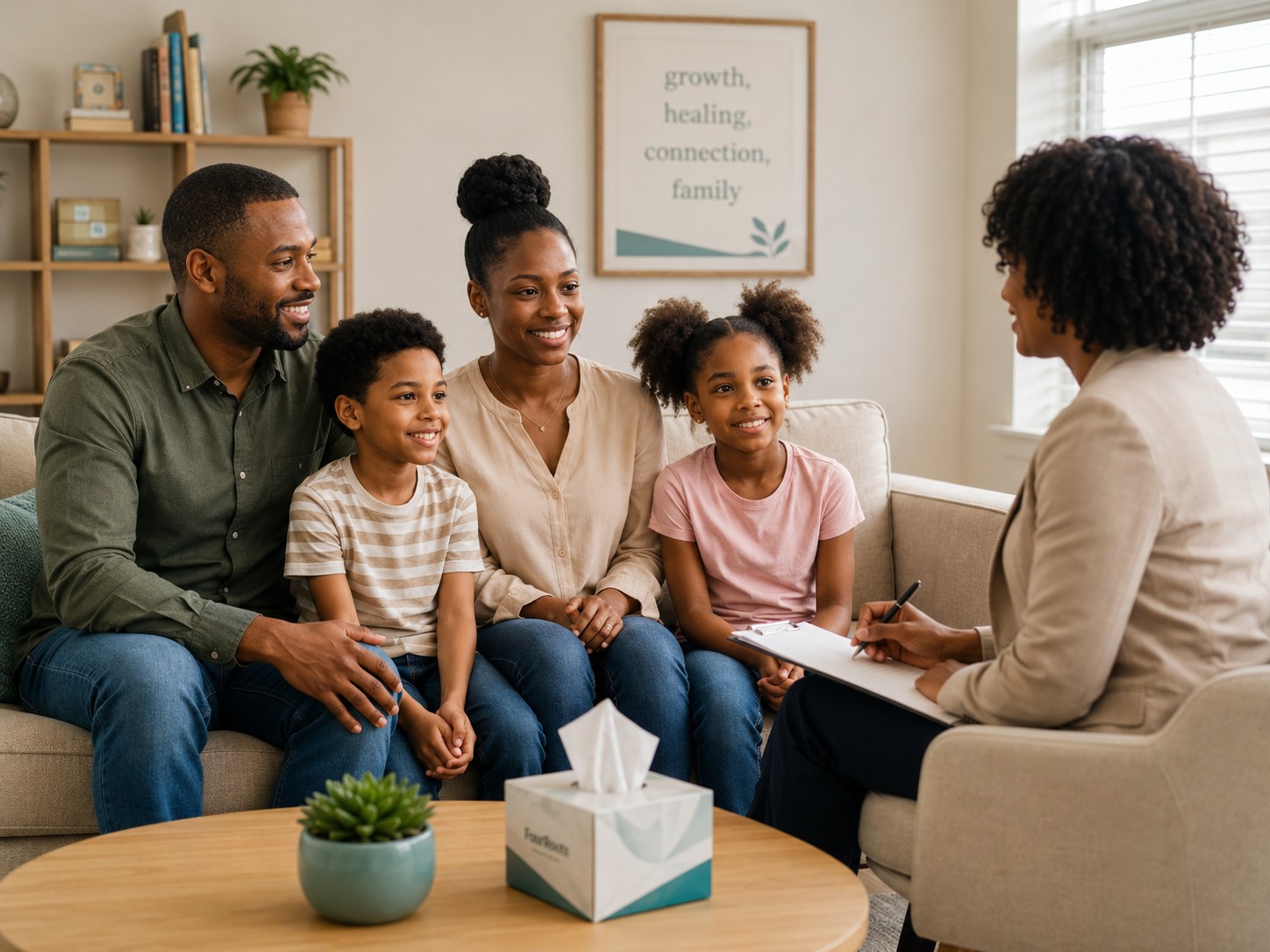A family in an open conversation with their counselor during a session